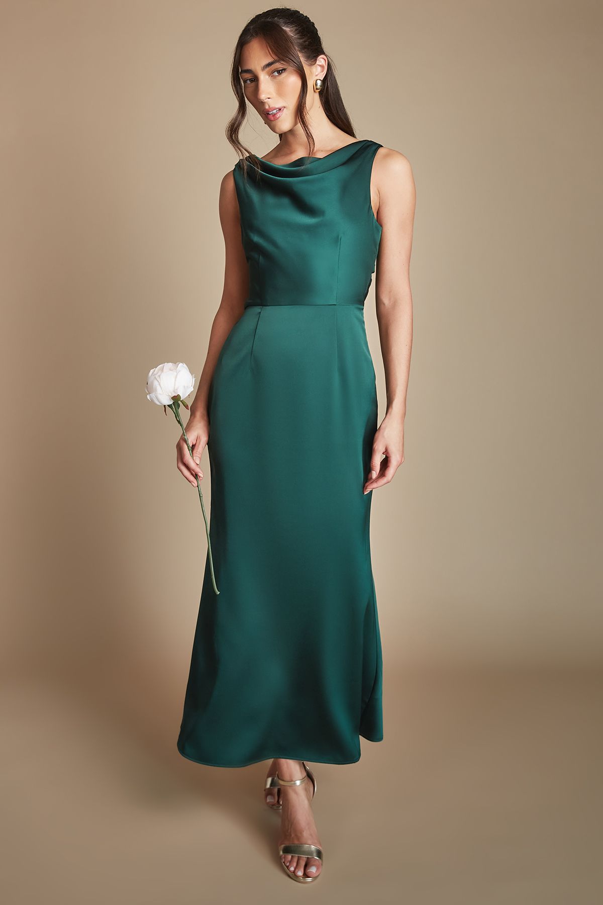 Emerald Cowl Neck Open Back Midi Bridesmaid Dress