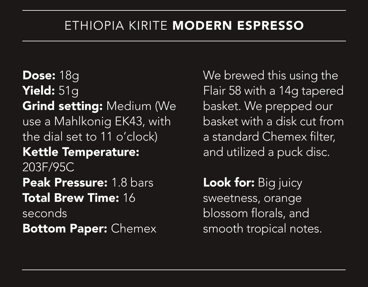 Ethiopia Kirite Modern Espresso Recipe | Dose: 18g. Yield: 51g. Grind setting: Medium (We use a Mahlkonig EK43, with the dial set to 11 o’clock). Kettle Temperature: 203F/95C. Peak Pressure: 1.8 bars. Total Brew Time: 16 seconds. Bottom Paper: Chemex. Look for: Big juicy sweetness, orange blossom florals, and smooth tropical notes. 