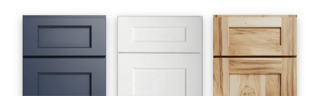 three sample doors - natural wood, green, midnight blue