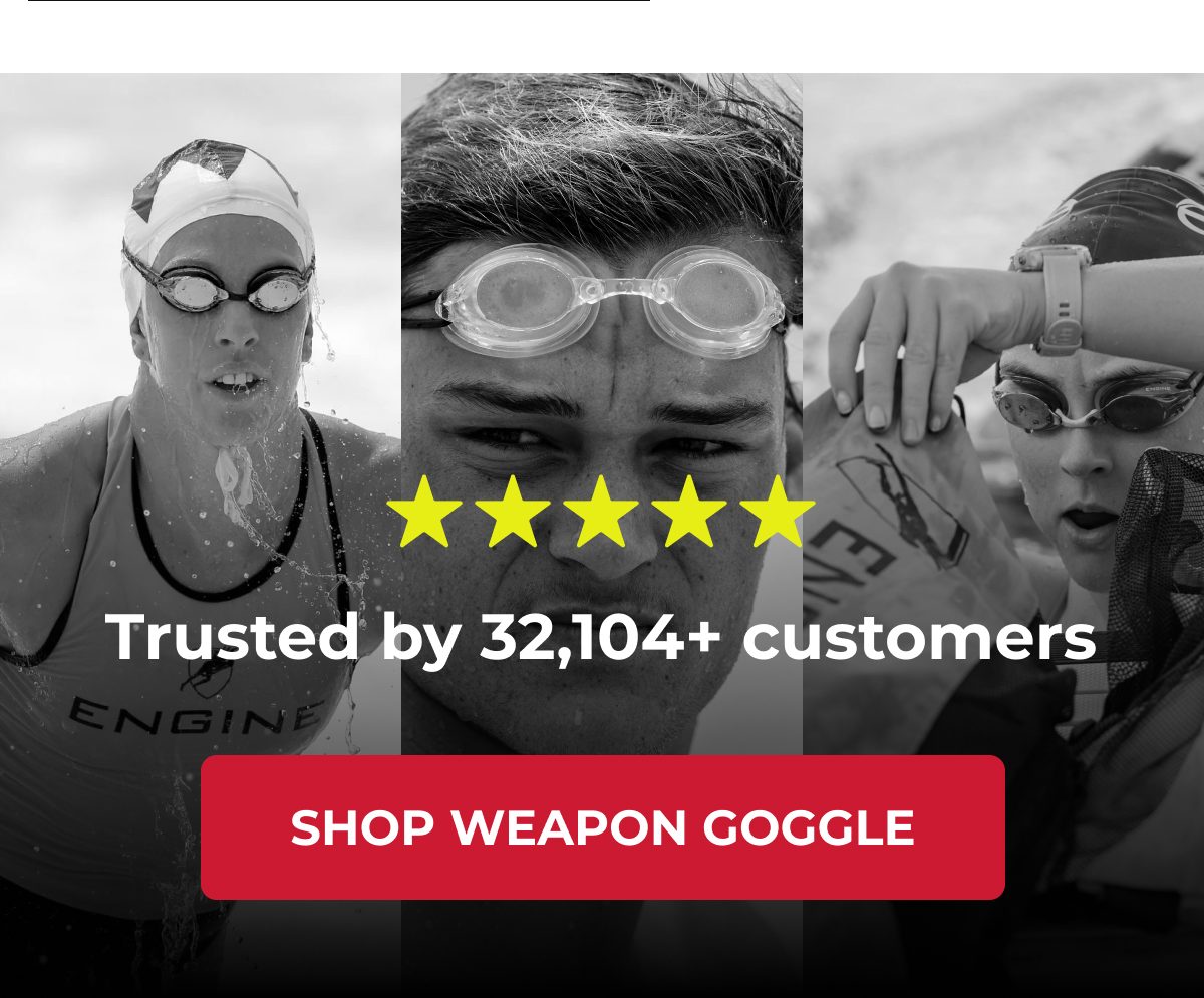 Trusted by 32,104+ customers with three athletes wearing swim goggles.