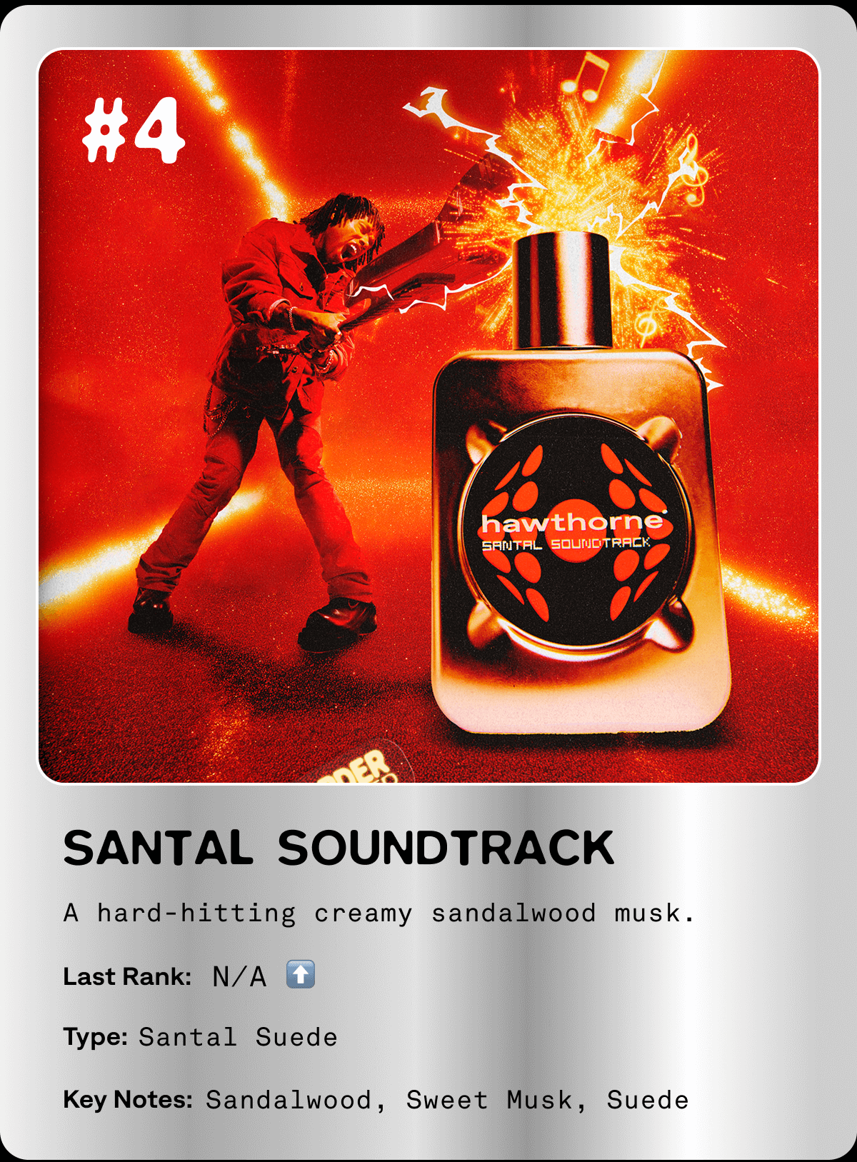 SANTAL SOUNDTRACK  A hard-hitting creamy sandalwood musk Type: Santal Suede Key Notes: Sandalwood, Sweet Musk, Suede 