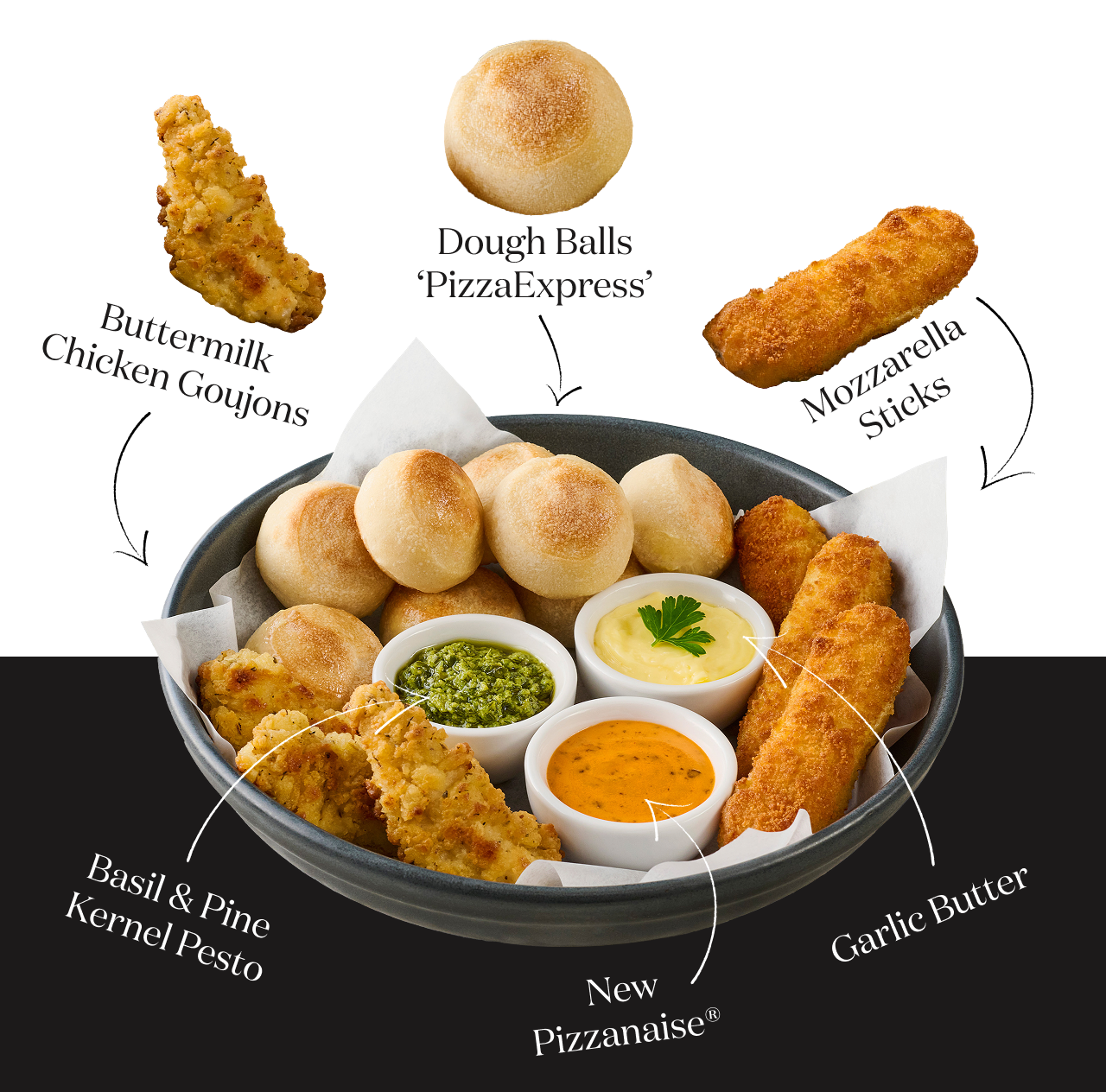Buttermilk Chicken Goujons, Dough Balls PizzaExpress, Mozzarella Sticks, Basil & Pine Kernel Pesto, New ®Pizzanaise, Garlic Butter