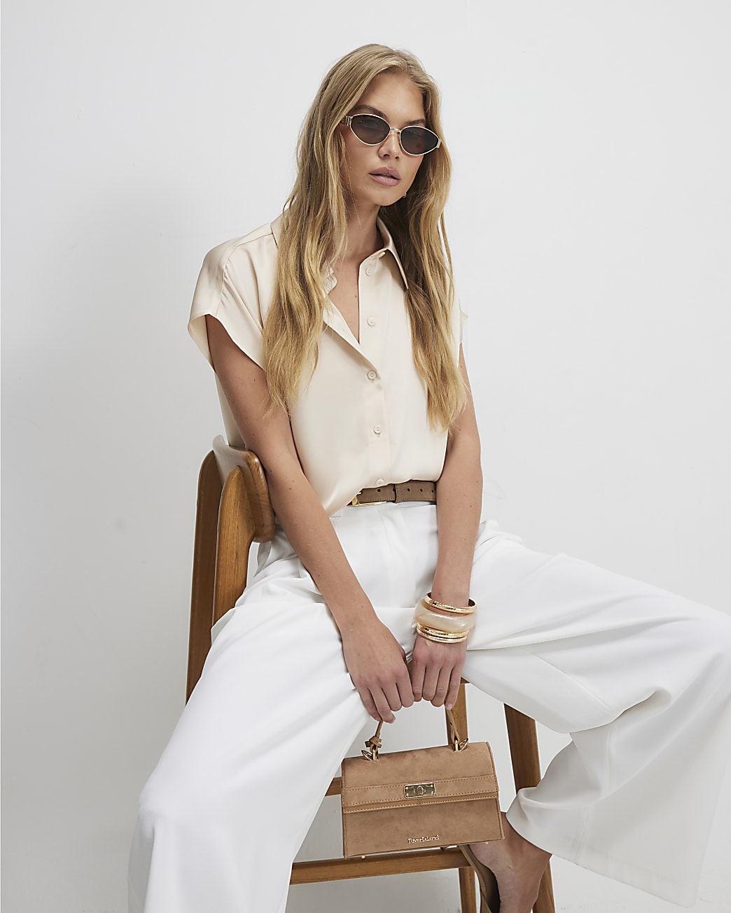 Womens Cream Satin Short Sleeve Shirt