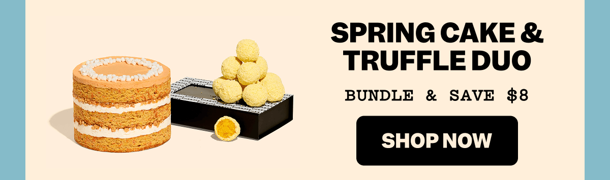 Carrot layer cake with lemon truffles on a black box on a cream-colored background. Text reads: SPRING CAKE & TRUFFLE DUO. BUNDLE & SAVE $8. Black button with cream-colored text: SHOP NOW.