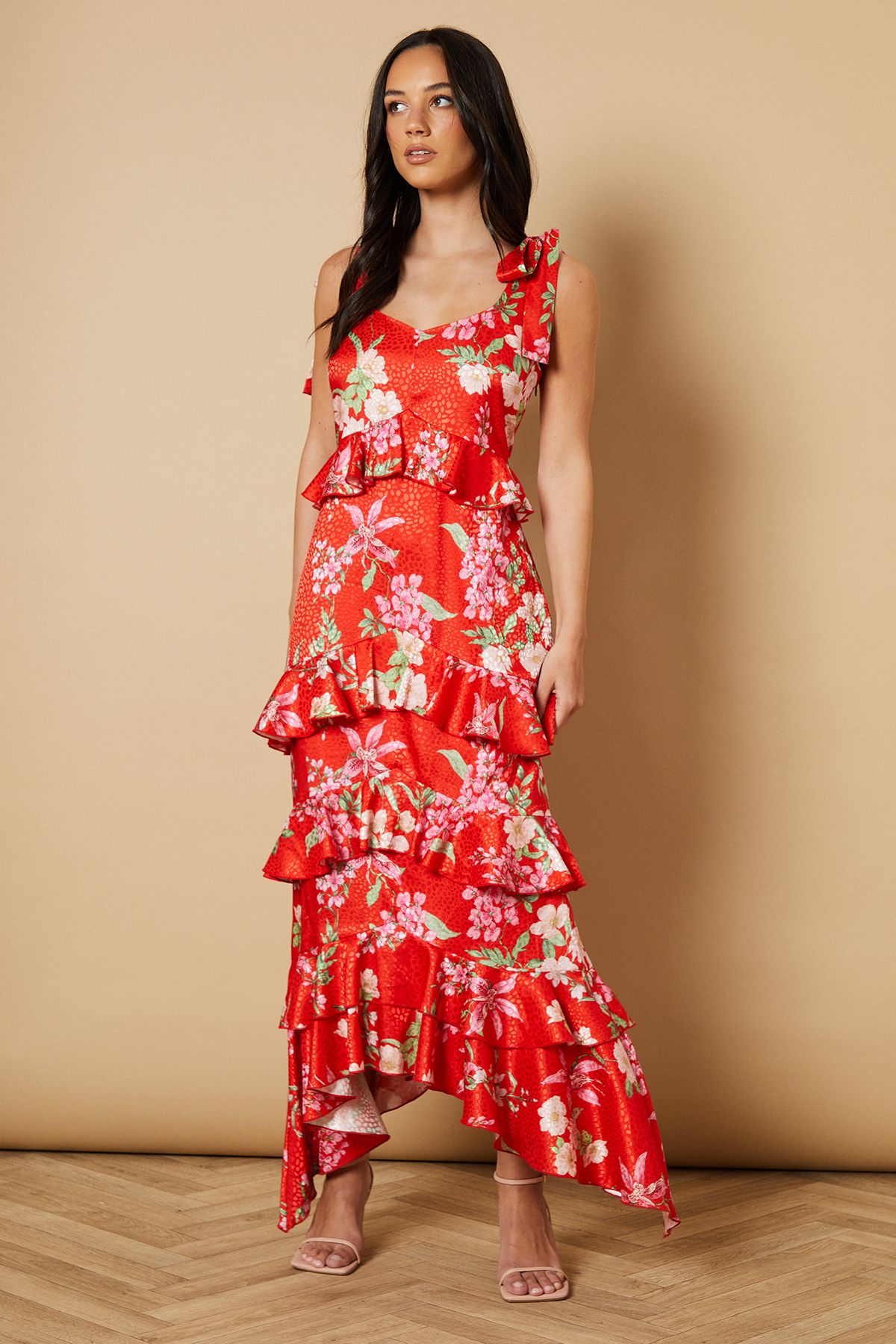 Printed Satin Jacquard Tiered Midi Dress