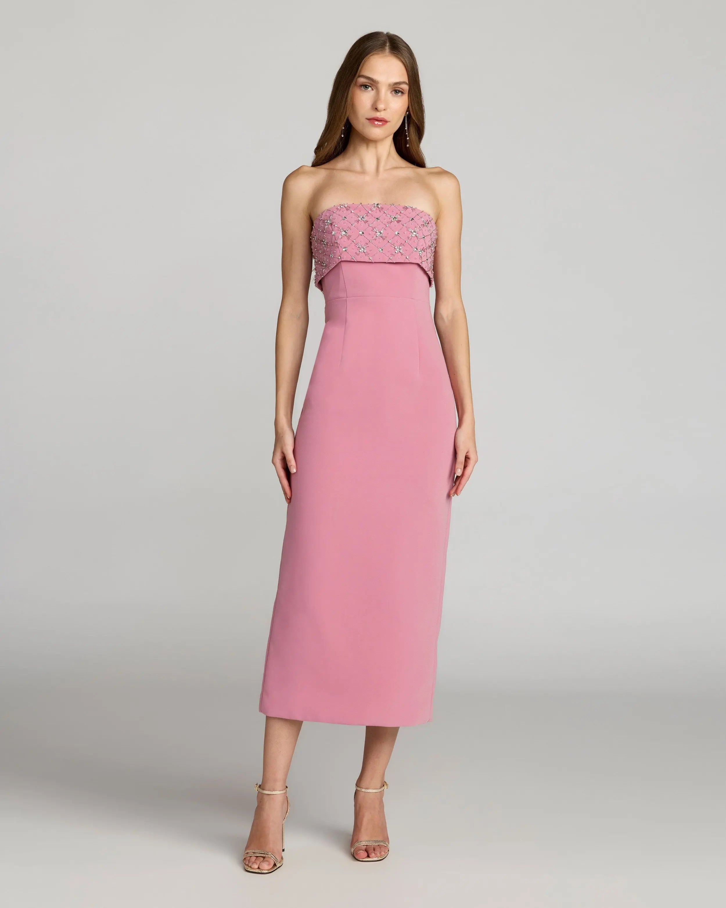 Image of Pink Strapless Crepe Midi Dress With Rhinestone Detail