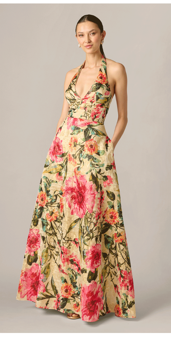 Floral Jacquard Plunge Neck Halter Ballgown In Pink Multi