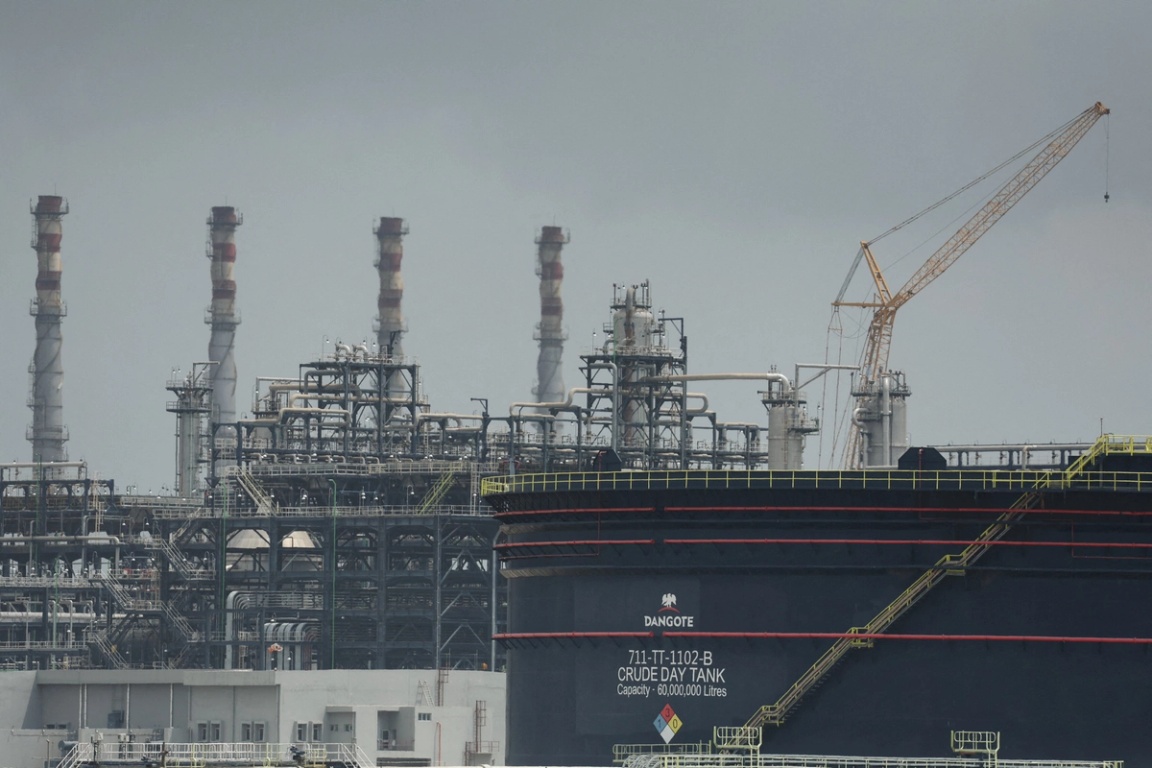 A Dangote crude oil tank is seen inside the Dangote Industries oil refinery