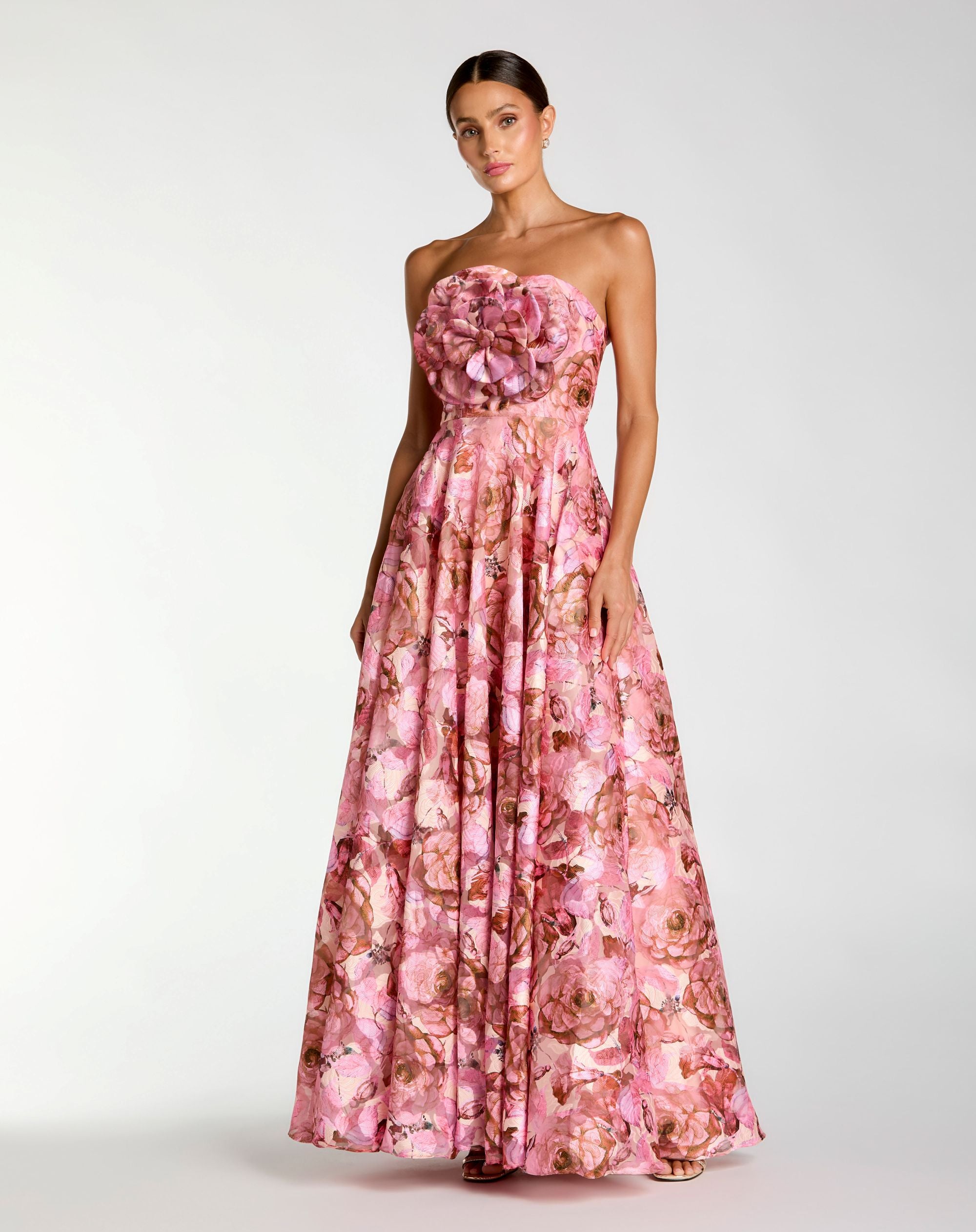 Image of Pink Strapless Floral Printed A-Line Gown With 3D Flower