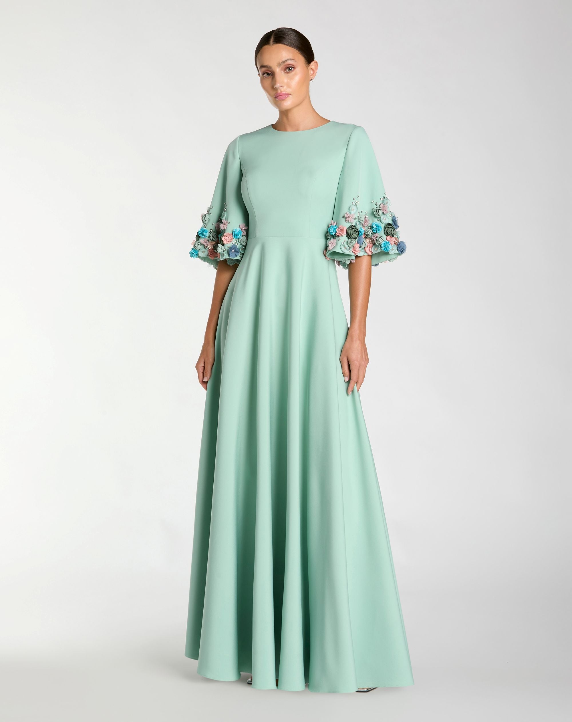 Image of Green Crepe 3/4 Sleeve A-line Gown With Flower Trim