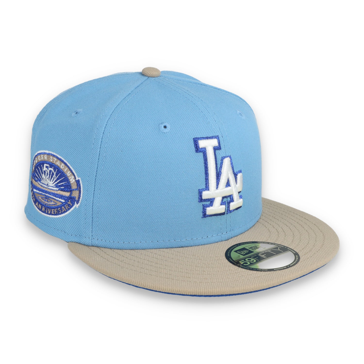 Image of New Era Los Angeles Dodgers 50th Anniversary Side Patch 59FIFTY Fitted Hat-Sky Blue/Camel