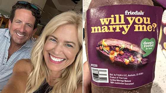A man and woman; and, a photo of a potato with a sticker reading 