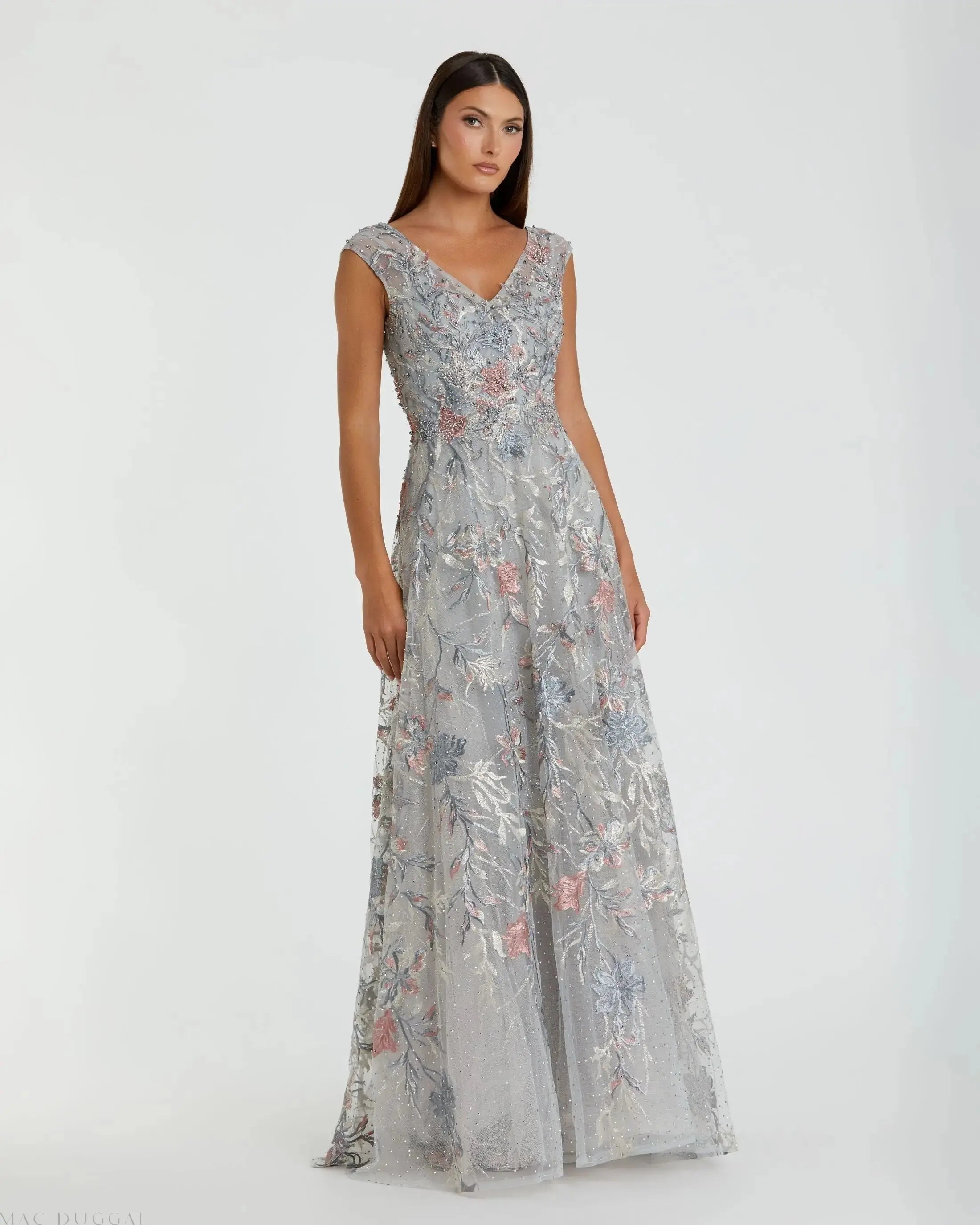 Image of Gray Embroidered Illusion Cap Sleeve A Line Gown