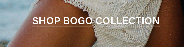Close-up of tan legs wearing cream knit swimwear bottom. Text: SHOP BOGO COLLECTION. Discover our BOGO swimwear sale!