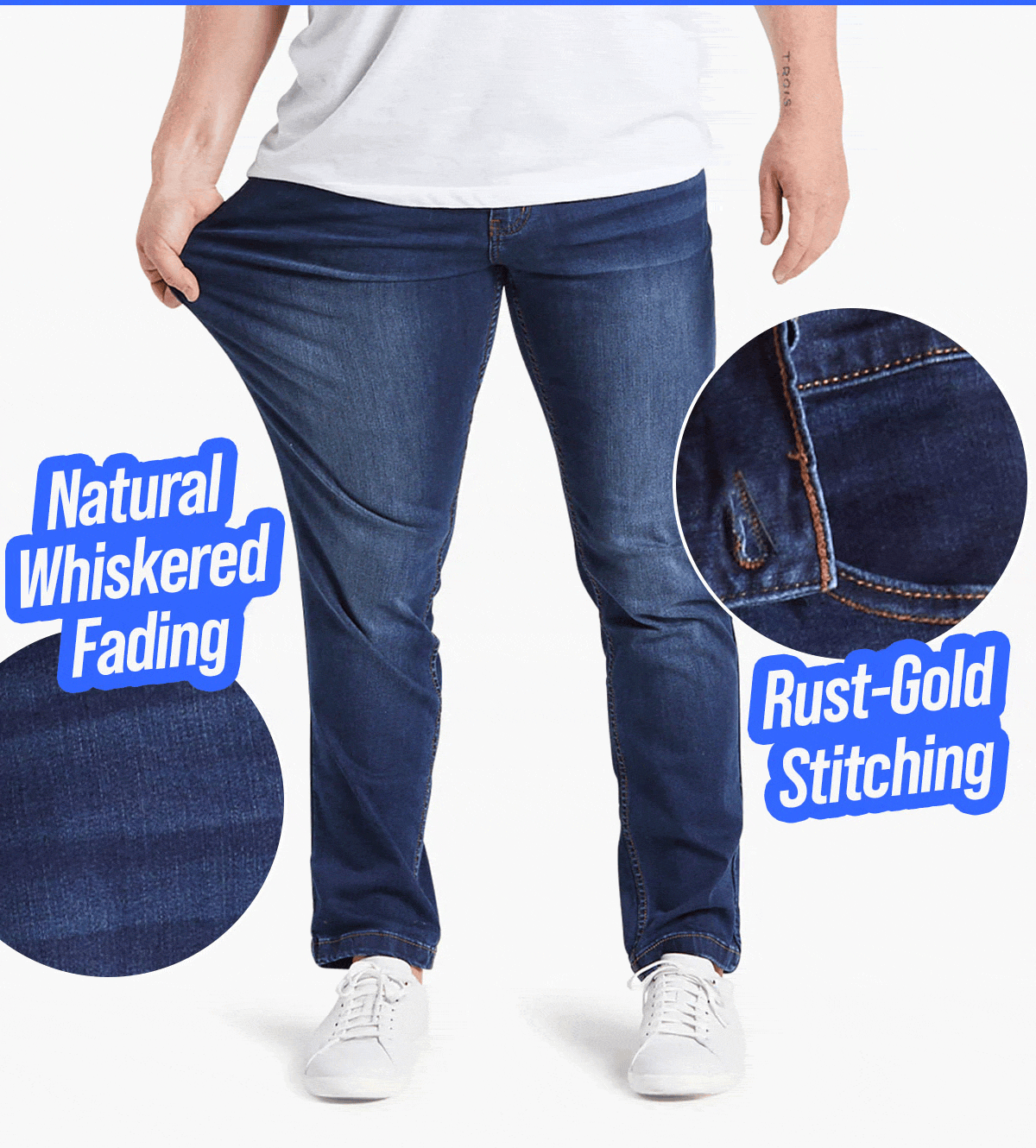 Hamms Jeans: Natural whiskered fading, rust-gold stitching