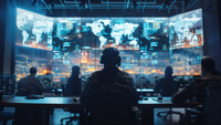 silhouettes of people, some wearing headphones, looking at large screen with world map