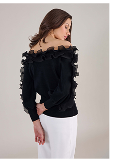 Black Long Sleeve Pullover Knit With Black Ruffle Details