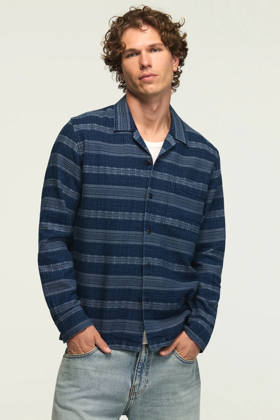 Image of Lucky Brand Long Sleeve Indigo Jacquard Camp Collar Shirt - Men's Clothing Outerwear Shirt Jackets