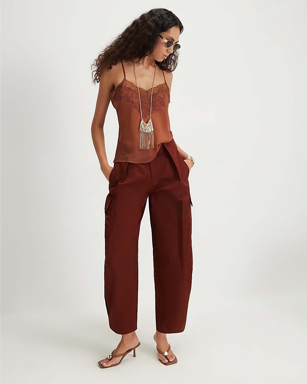Womens Red Twill Pleat Front Barrel Leg Trousers
