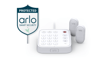Arlo Home Security System with 2 All-in-One Sensors and a Yard Sign.