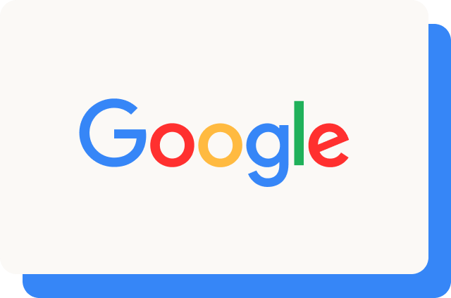 Off-white rounded card with a cornflower blue offset shadow, featuring the Google logo in its signature multicolor lettering — blue, red, yellow, and green.