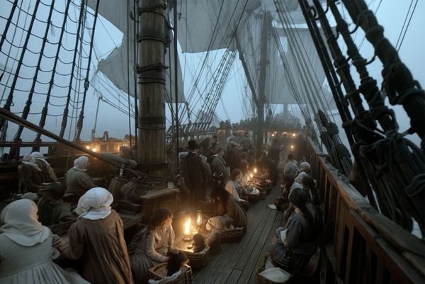 Photo: A still of a film of people on a boat wearing colonial clothing