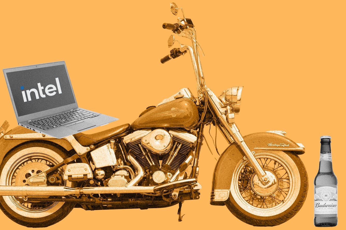 Harley Davidson, Budweiser beer, Intel laptop