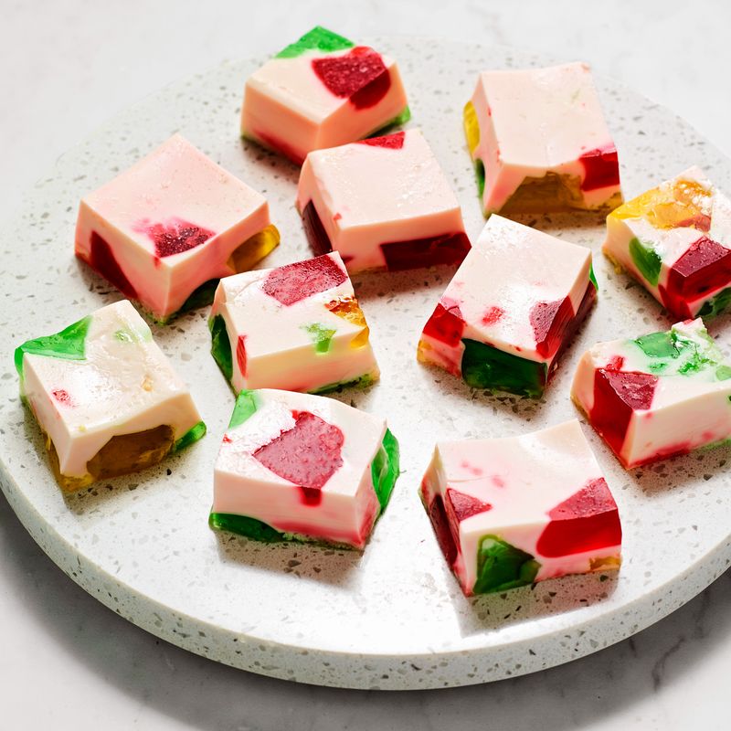 Photo of multicolored jello blocks.