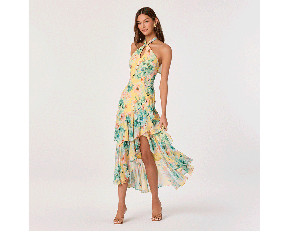 Woman Wearing Floral Halter High-Low Dress