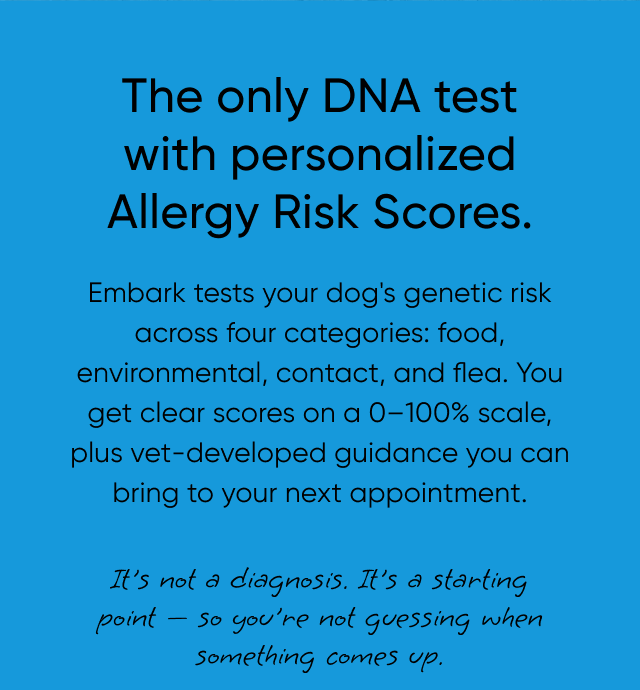 The only DNA test with personalized Allergy Risk Scores. Embark tests your dog's genetic risk across four categories: food, environmental, contact, and flea. You get clear scores on a 0–100% scale, plus vet-developed guidance you can bring to your next appointment. It's not a diagnosis. It's a starting point — so you're not guessing when something comes up.