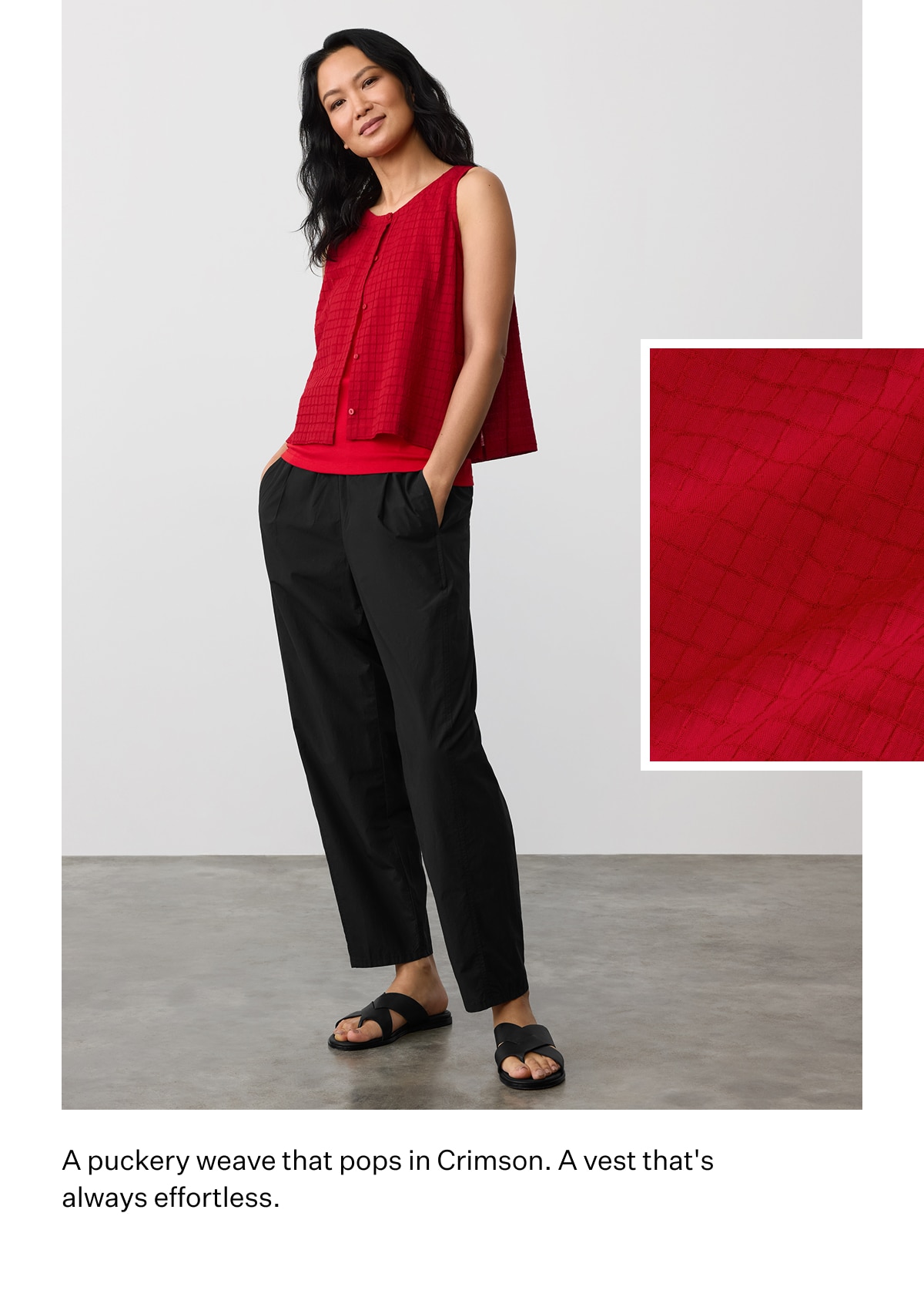 A puckery weave that pops in Crimson.