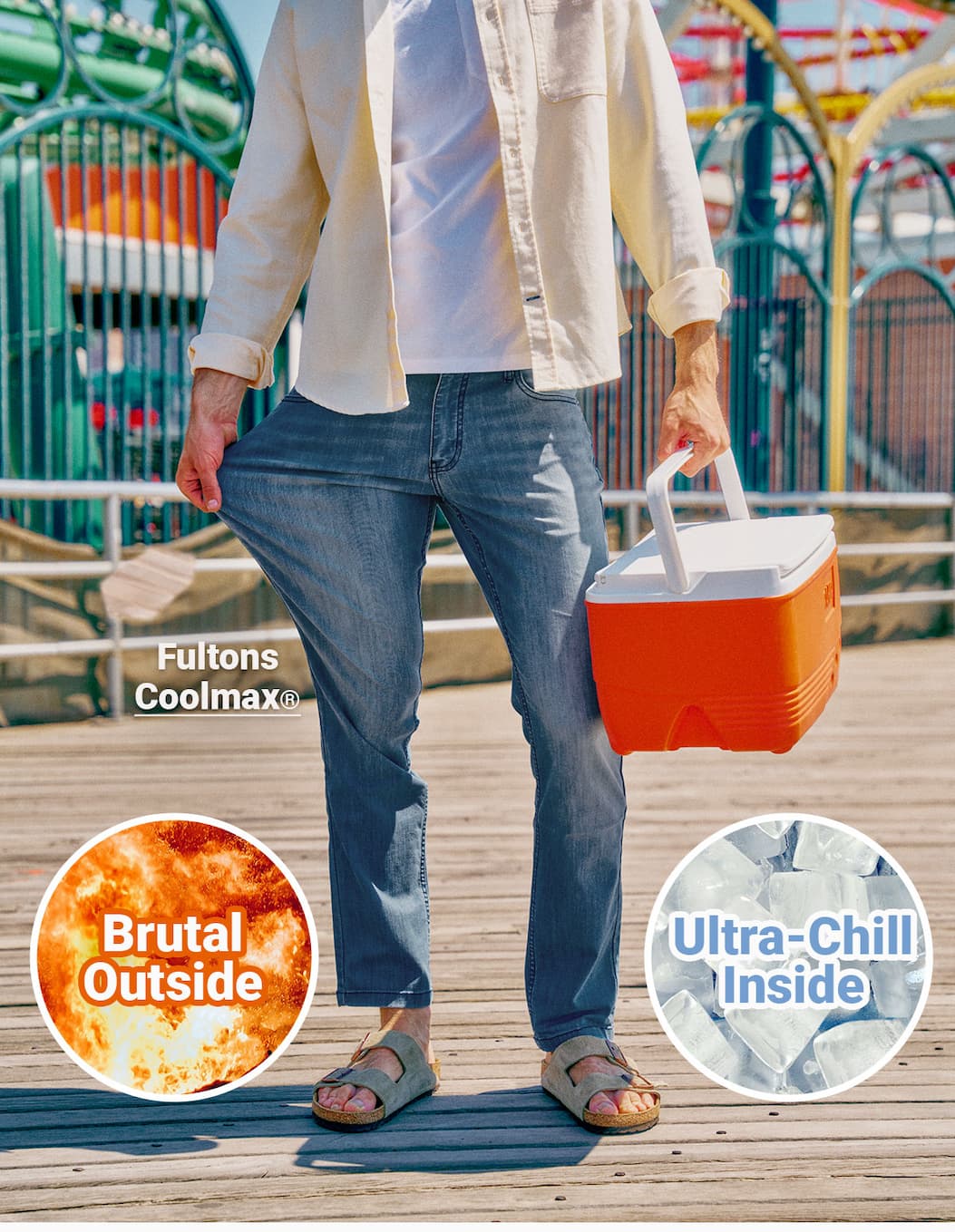 Fultons Coolmax. Brutal outside, ultra-chill inside. Image of man in jeans.