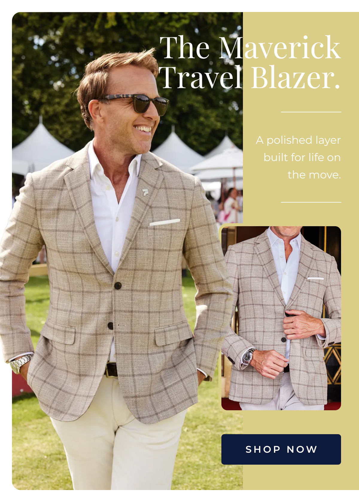 The Maverick Travel Blazer. Breathable, structured, built for the warm months. shop now
