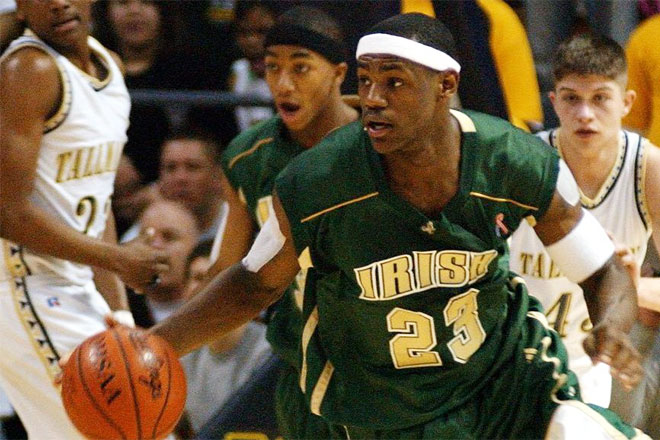 A young LeBron James plays basketball at the Palestra in 2002 as part of the Fighting Irish.