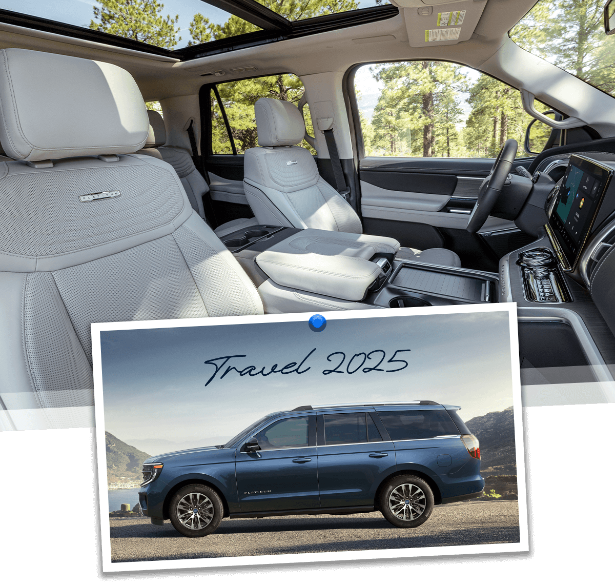 The interior of a 2025 Ford Expedition&reg; SUV and a Polaroid image of a 2025 Expedition parked by a mountain lake under the words &ldquo;Travel 2025&rdquo;