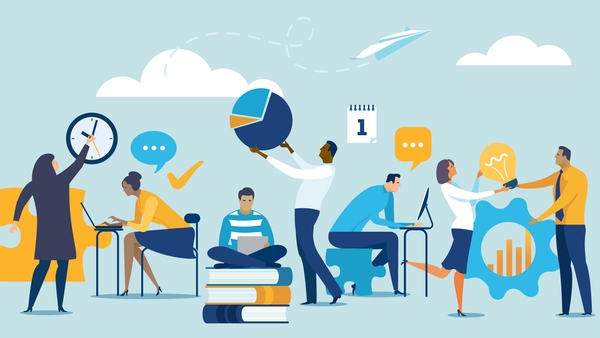 illustration of people looking at clock, typing on computers, reading, looking at chart and holding lightbulb