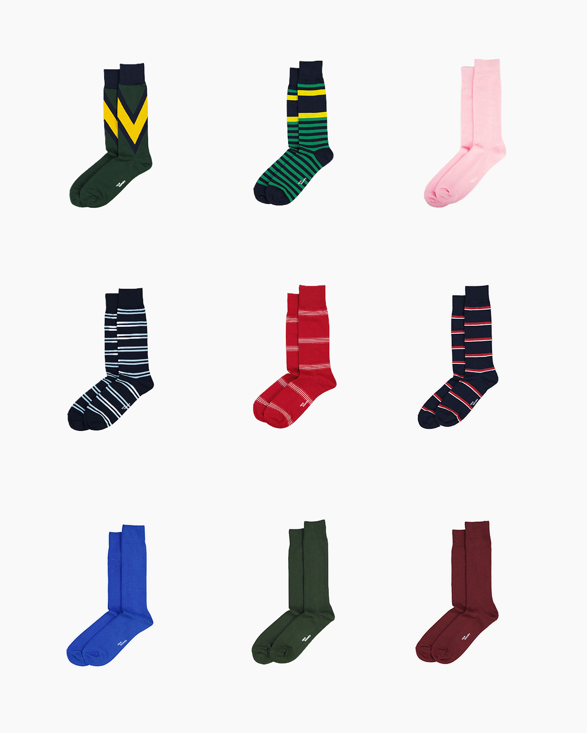 Grid of 9 pairs of socks in various colors and styles including solid and striped 