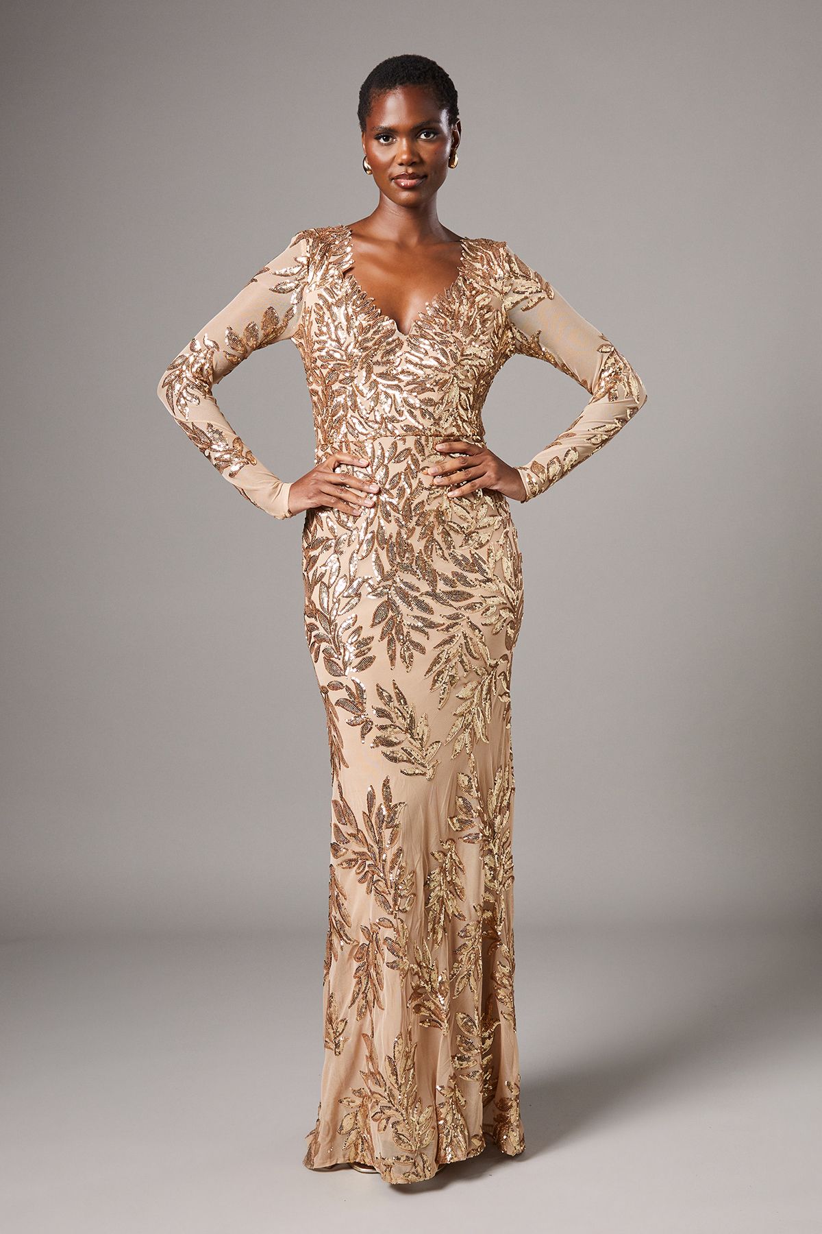 Long Sleeve Floral Sequin Maxi Dress