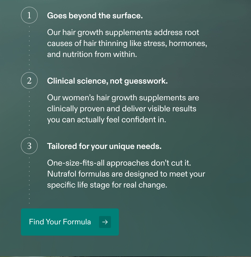 Goes beyond the surface. Our hair growth supplements address root causes of hair thinning like stress, hormones, and nutrition from within. Clinical science, not guesswork. Our women’s hair growth supplements are clinically proven and deliver visible results you can actually feel confident in. Tailored for your unique needs. One-size-fits-all approaches don’t cut it. Nutrafol formulas are designed to meet your specific life stage for real change. Find Your Formula