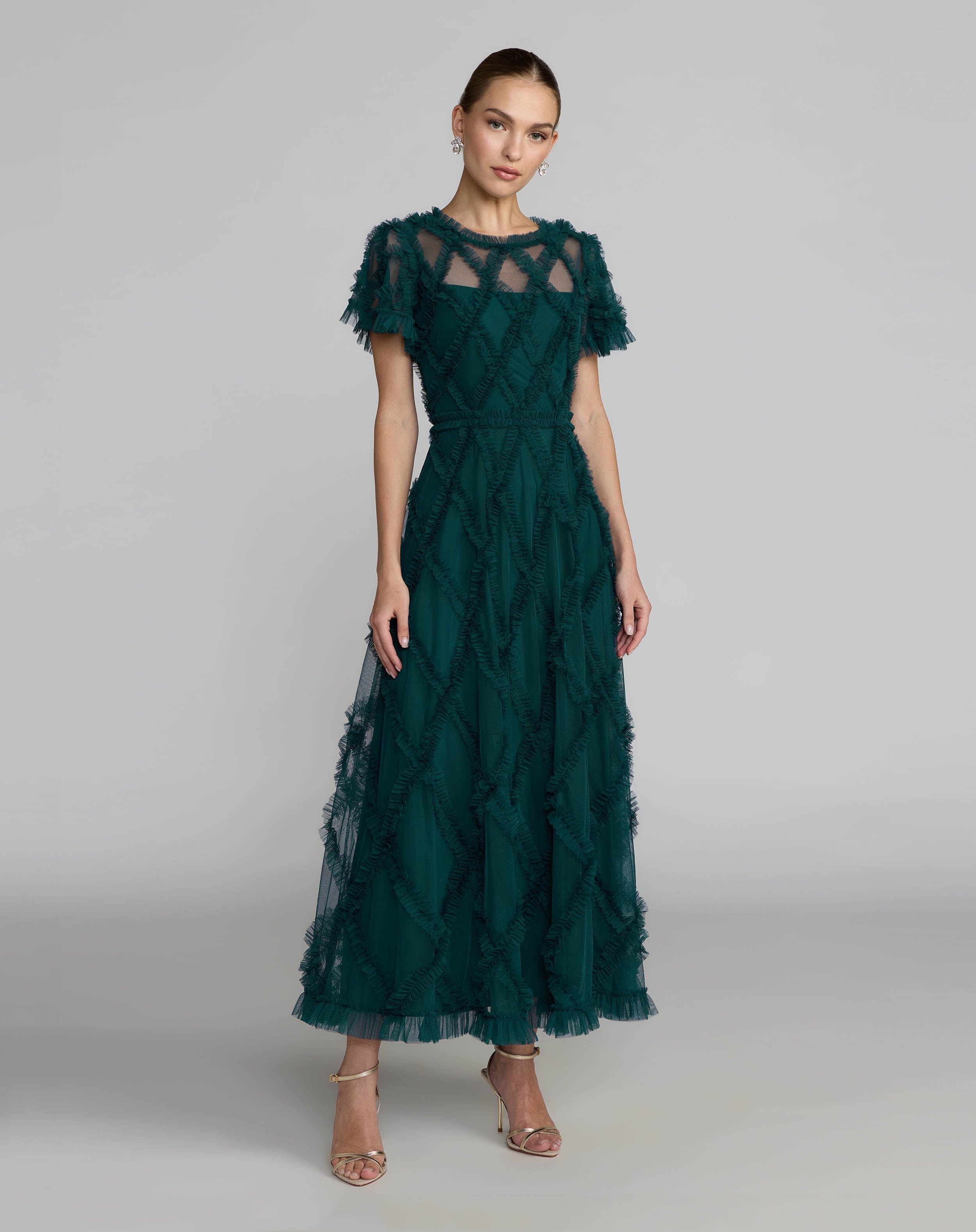 Image of Blue Short Sleeve High Neck Ruffle Dress