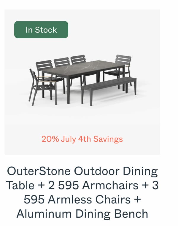 OuterStone Outdoor Dining Table + 2 595 Armchairs + 3 595 Armless Chairs + Aluminum Dining Bench
