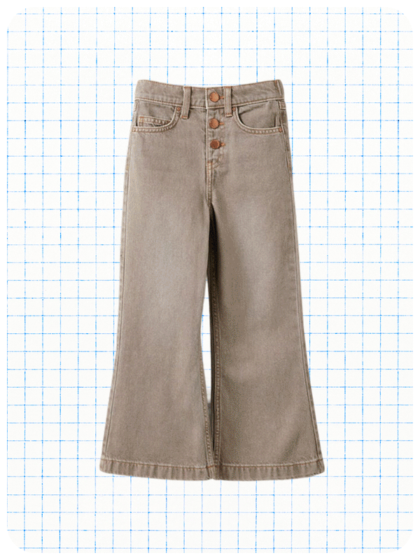 Beige wide-leg cropped jeans with button fly and copper-toned buttons on white grid background