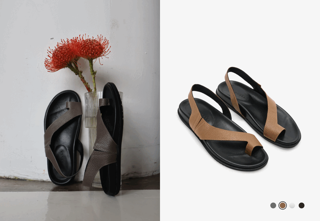 A GIF displaying different colors of The Kelis Sandals with back straps, shown beside a vase and on a white background.