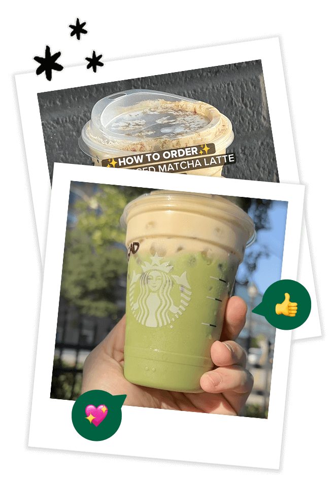 Polaroid stack: green matcha with pumpkin spice cold foam + thumbs up and sparkly heart.