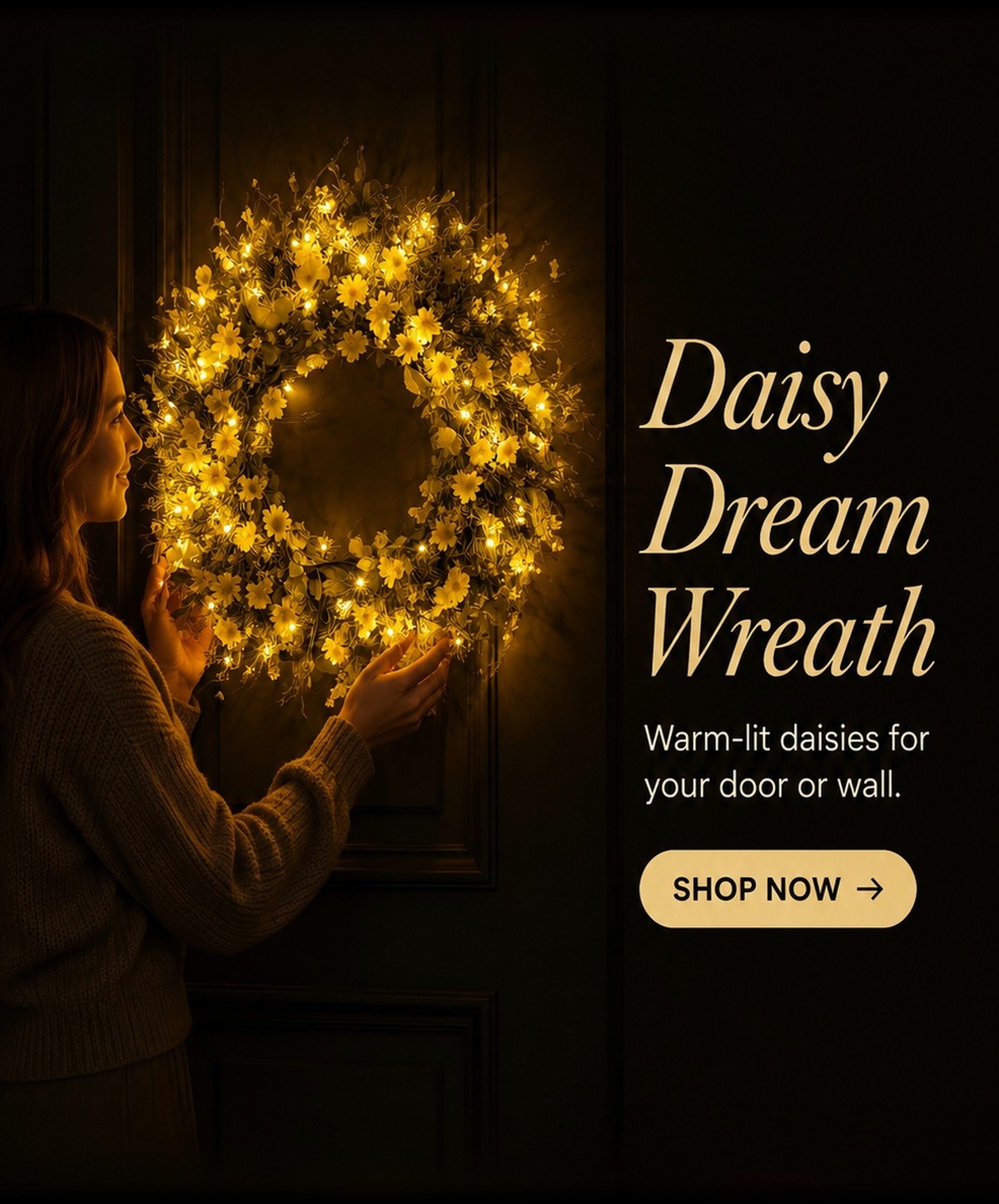 Daisy Dream Wreath, warm-lit daisies for your door or wall. Shop now.