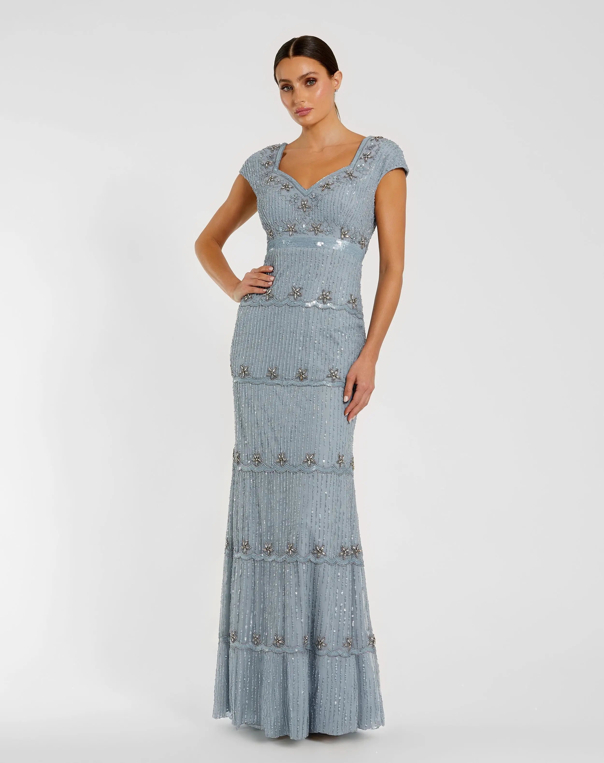 Image of Blue Sequin Cap Sleeve Sweetheart Column Gown