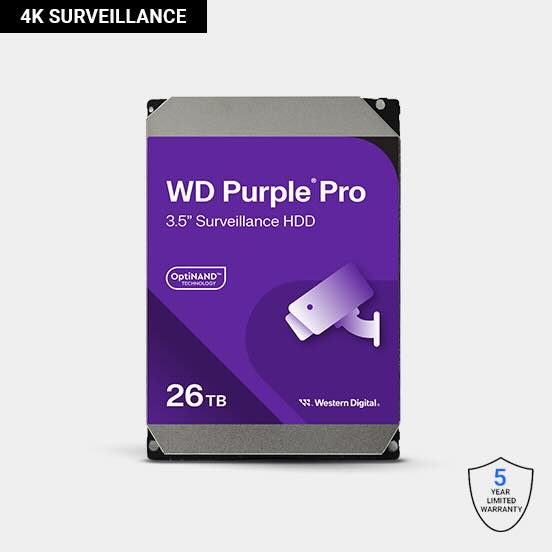 Western Digital 26TB Purple Pro 3.5" Surveillance HDD for 4K security systems.