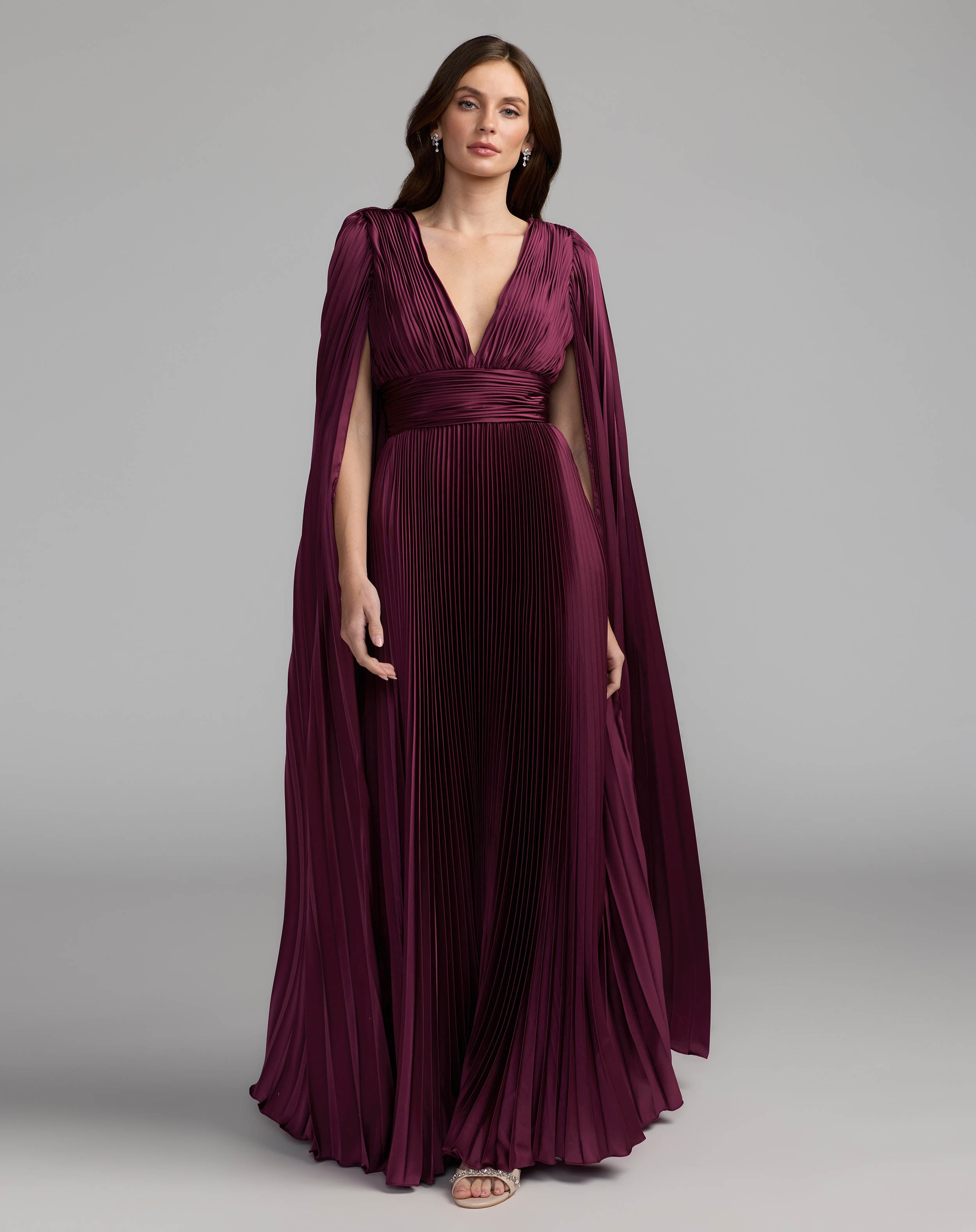 Image of Purple Pleated Charmeuse V Neck Gown With Cape