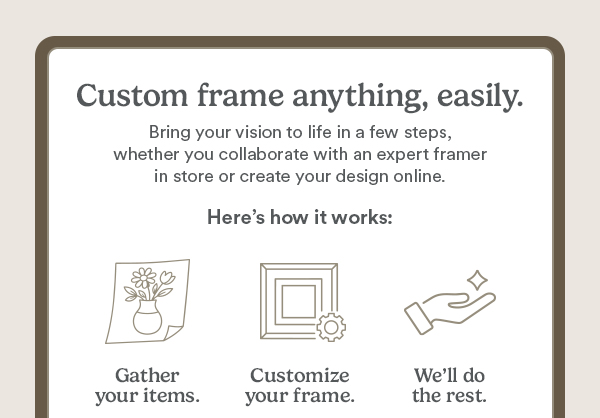 Custom frame anything, easily. Bring your vision to life in a few steps, whether you collaborate with an expert framer in store or create your design online. Here's how it works: Gather your items. Customize your frame. We'll do the rest.