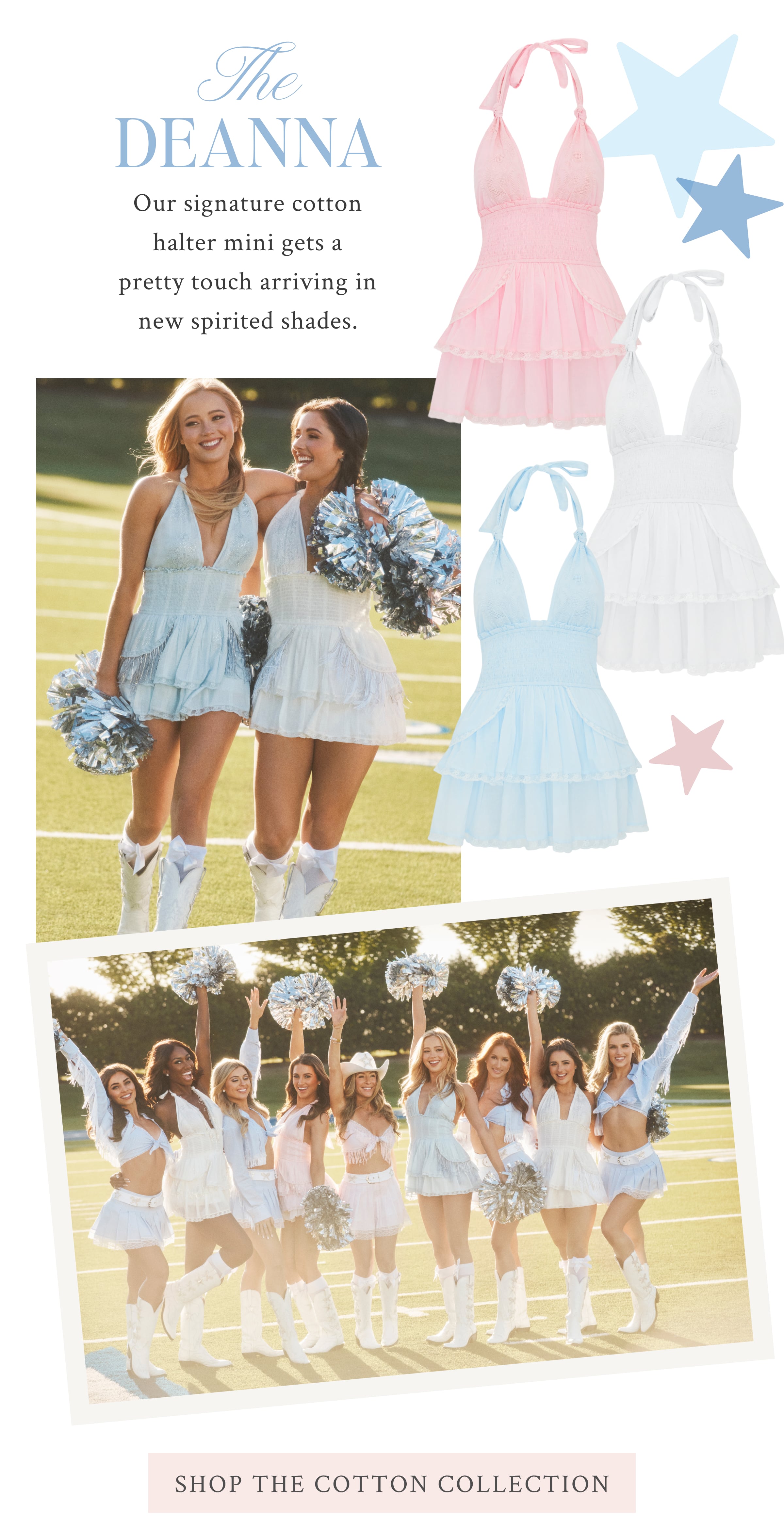 The Deanna  Our signature halter mini gets a pretty touch arriving in new spirited shades.  <SHOP THE COTTON COLLECTION>